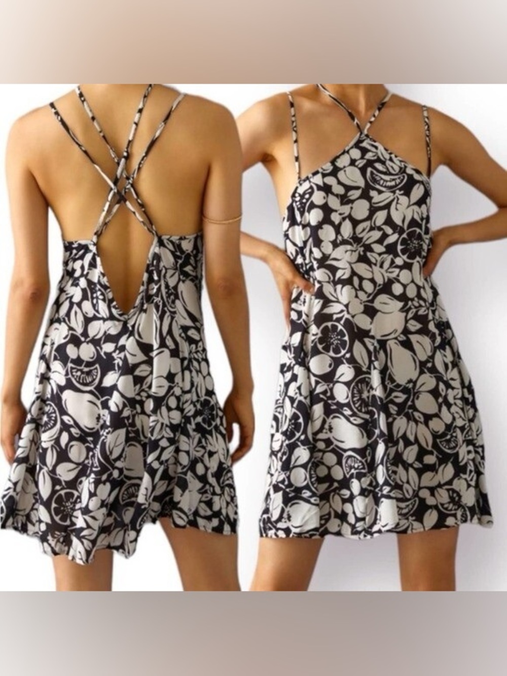 Anthropologie Black & White Floral Halter Summer mini flowy boho Dress Sz xs